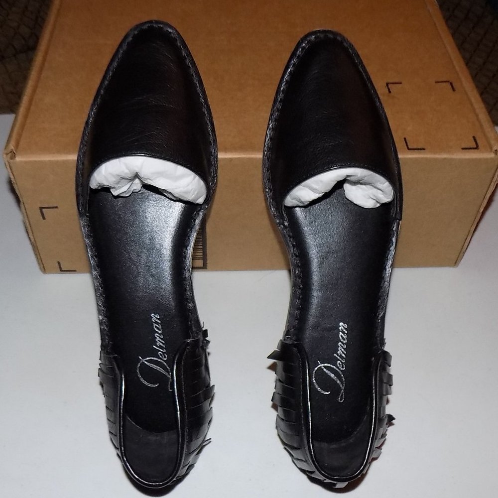 Delman Black Adele Fringed Leather D'Orsay Flats